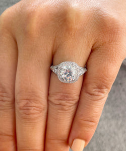 Women's 14k Solid White Gold Round And Baguettes Cut Simulated Diamond Engagement Ring Halo Bridal Wedding Propose prong set 3.00ct