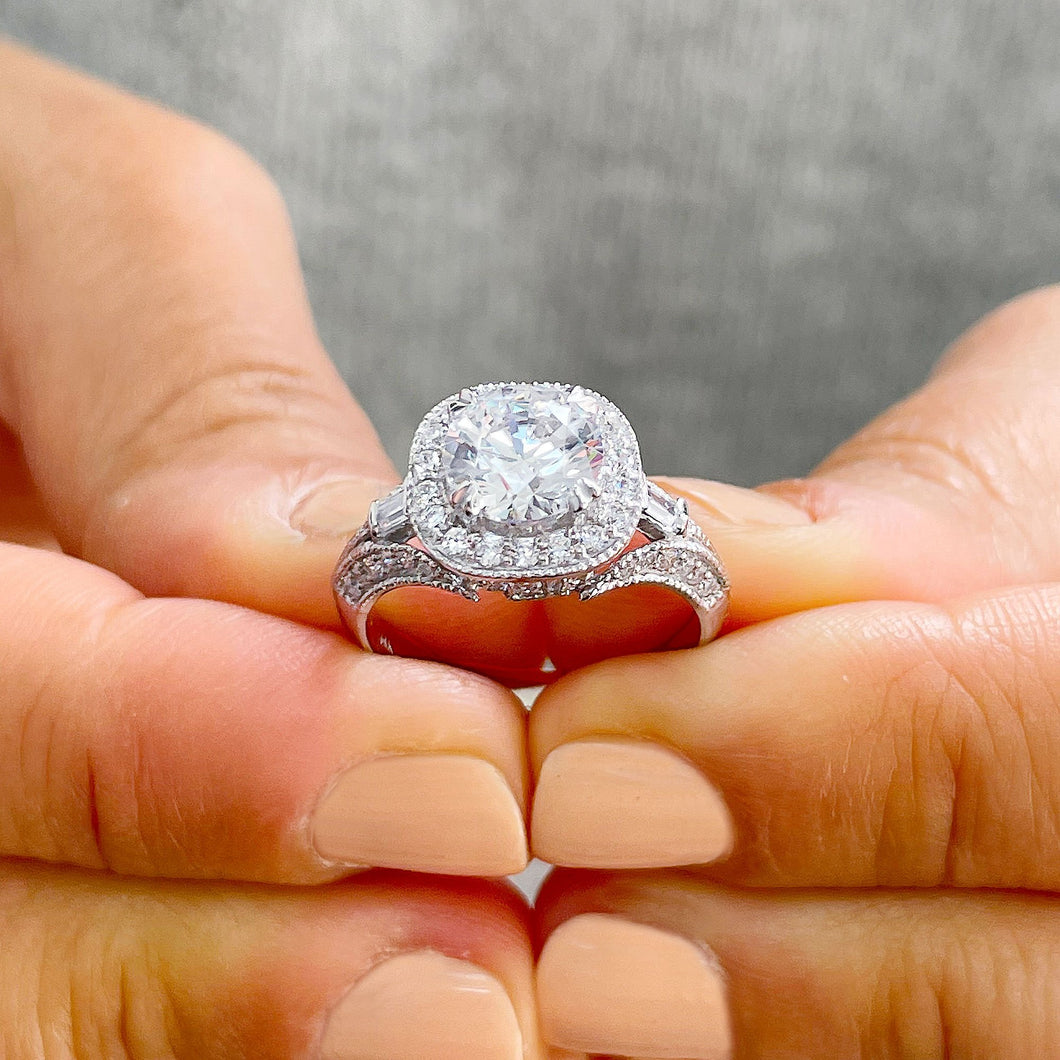 Women's 14K Solid White Gold Round Cut Forever One Moissanite and Round And Baguettes Cut Natural Diamond Engagement Ring Halo Prong 2.80ctw
