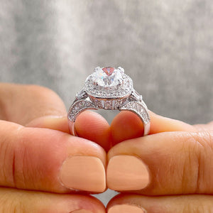 Women's 14K Solid White Gold Round Cut Moissanite and Round And Baguettes Cut Natural Diamond Engagement Ring Halo Prong 2.80ctw