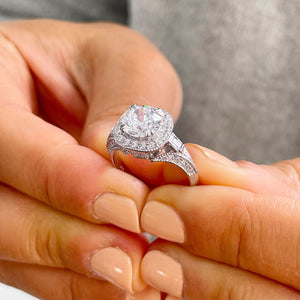Women's 14K Solid White Gold Round Cut Forever One Moissanite and Round And Baguettes Cut Natural Diamond Engagement Ring Halo Prong 2.80ctw