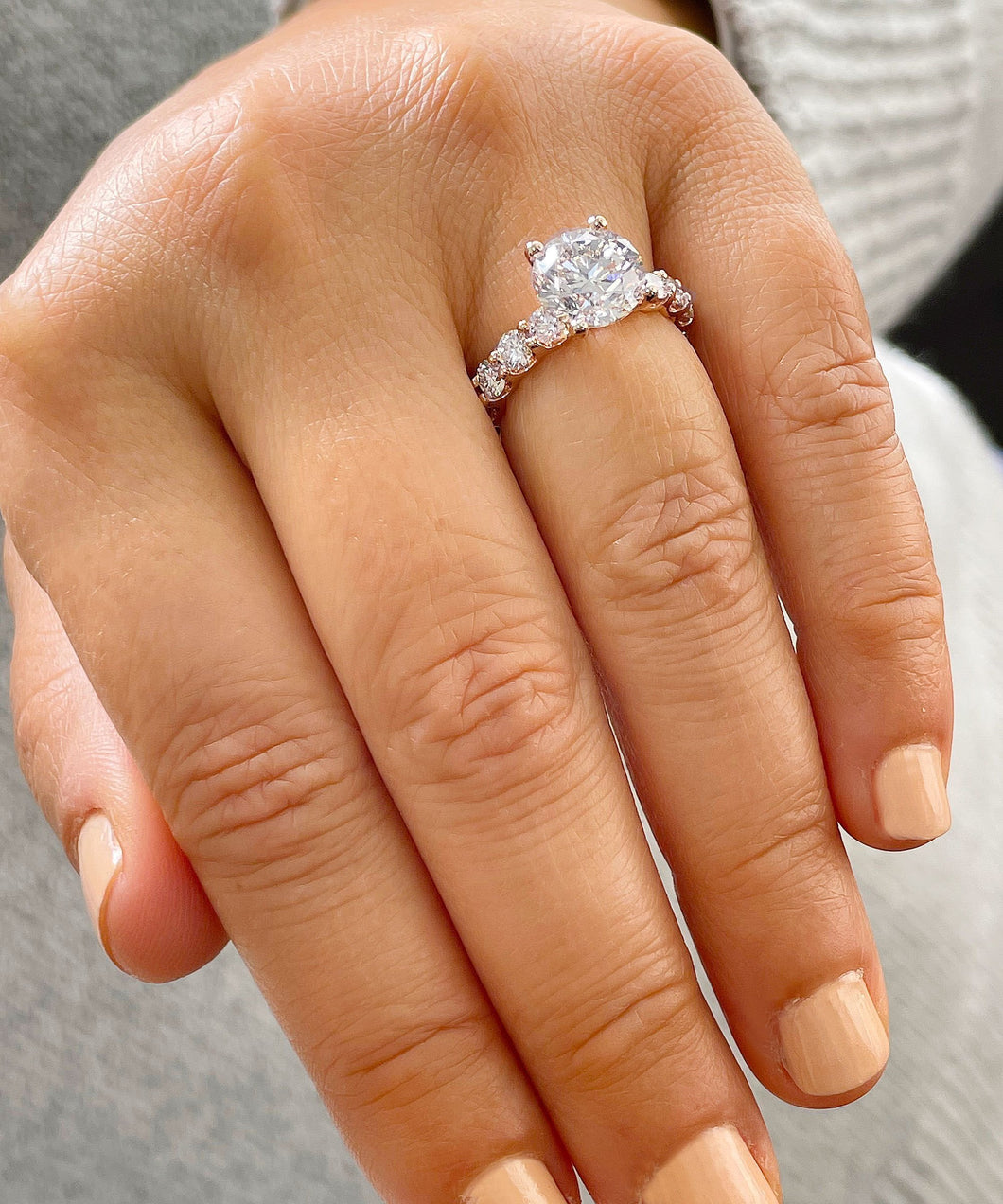 14K Solid Rose Gold Round Cut Moissanites Engagement Ring Eternity Style Prong Set 4.00ctw
