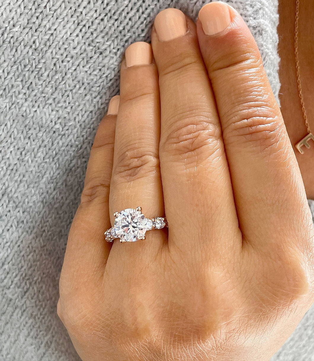 14K Solid Rose Gold Round Cut Moissanite and Round Cut Natural Diamond Engagement Ring Eternity Style Prong Set 4.00ctw