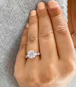 14K Solid Rose Gold Round Cut Forever One Moissanite and Round Cut Natural Diamond Engagement Ring Eternity Style Prong Set 4.00ctw