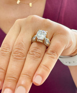 14K Solid And Heavy Yellow And White Gold Cushion and Round Cut Simulated Diamonds Engagement Ring Wedding Bridal Set 6.50ctw