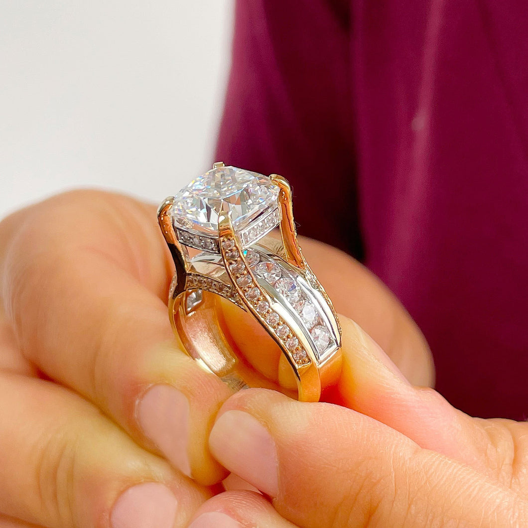 6.50 Carat Heavy 14k Solid Yellow And White Gold Cushion Cut Moissanite and Natural Diamond Engagement Ring, Bridal, Wedding, Promise, Propose