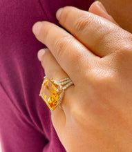 Load image into Gallery viewer, 14K Yellow Gold Cushion Cut Yellow Citrine and Round cut Natural Diamonds Engagement Ring Halo Split Shank Bridal Wedding Anniversary 4.80ct
