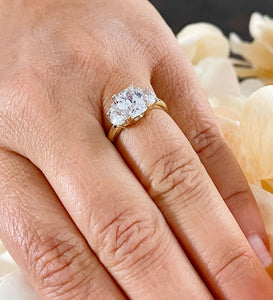 Beautiful 14k Solid Yellow Gold Cushion And Half Moon Cut Moissanites Engagement Ring Bridal Wedding, Three Stone Style 3.00ct