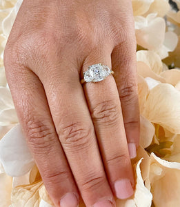 Beautiful 14k Solid Yellow Gold Cushion And Half Moon Cut Moissanites Engagement Ring Bridal Wedding, Three Stone Style 3.00ct