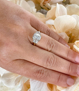 Beautiful 14k Solid Yellow Gold Cushion And Half Moon Cut Moissanites Engagement Ring Bridal Wedding, Three Stone Style 3.00ct