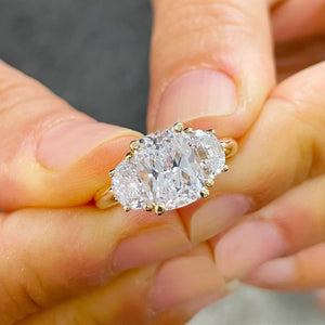 Beautiful 14k Solid Yellow Gold Cushion And Half Moon Cut Moissanites Engagement Ring Bridal Wedding, Three Stone Style 3.00ct