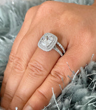 Load image into Gallery viewer, Stunning 14k Solid White Gold Cushion And Round Cut Simulated Diamond Engagement Ring And Band Double Halo Bridal Wedding Set 3.00ctw
