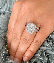 Load image into Gallery viewer, 14k Solid White Gold Cushion Cut Moissanite And Round Cut Natural Diamond Engagement Ring And Band Double Halo Bridal Set 2.75ct
