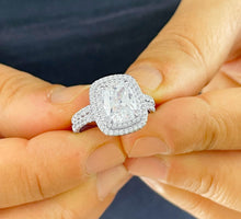 Load image into Gallery viewer, 14k Solid White Gold Cushion Cut Moissanite And Round Cut Natural Diamond Engagement Ring And Band Double Halo Bridal Set 2.75ct

