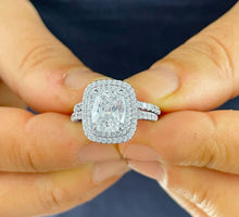 Load image into Gallery viewer, IGI Certified 14k Solid White Gold Cushion Cut And Round Cut Diamond Engagement Ring And Band Double Halo Bridal Set 2.75ct F-VS2
