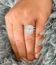 Load image into Gallery viewer, 14k Solid White Gold Cushion Cut Moissanite And Round Cut Natural Diamond Engagement Ring And Band Double Halo Bridal Set 2.75ct
