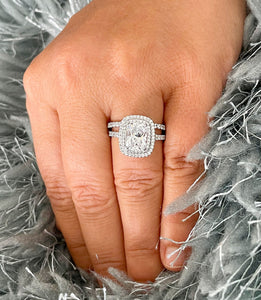 14k Solid White Gold Cushion Cut Forever One Moissanite And Round Cut Natural Diamond Engagement Ring And Band Double Halo Bridal Set 2.75ct