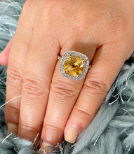 Load image into Gallery viewer, 14K Solid Yellow Gold Cushion Cut Yellow Citrine and Round cut Natural Diamonds Engagement Ring Double Halo Split Shank 4.80ct
