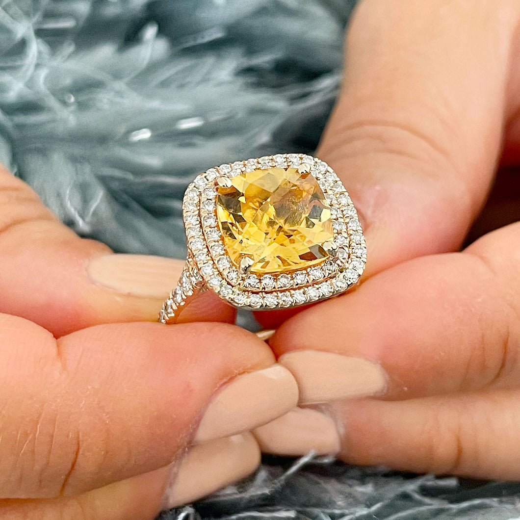 14K Solid Yellow Gold Cushion Cut Yellow Citrine and Round cut Natural Diamonds Engagement Ring Double Halo Split Shank 4.80ct