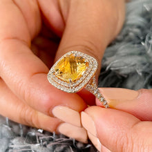 Load image into Gallery viewer, 14K Solid Yellow Gold Cushion Cut Yellow Citrine and Round cut Natural Diamonds Engagement Ring Double Halo Split Shank 4.80ct
