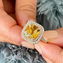 Load image into Gallery viewer, 14K Solid Yellow Gold Cushion Cut Yellow Citrine and Round cut Natural Diamonds Engagement Ring Double Halo Split Shank 4.80ct

