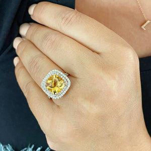14K Solid Yellow Gold Cushion Cut Yellow Citrine and Round cut Natural Diamonds Engagement Ring Double Halo Split Shank 4.80ct