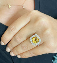 Load image into Gallery viewer, 14K Solid Yellow Gold Cushion Cut Yellow Citrine and Round cut Natural Diamonds Engagement Ring Double Halo Split Shank 4.80ct
