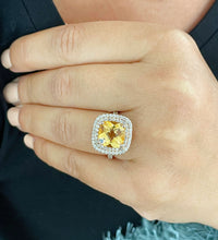 Load image into Gallery viewer, 14K Solid Yellow Gold Cushion Cut Yellow Citrine and Round cut Natural Diamonds Engagement Ring Double Halo Split Shank 4.80ct
