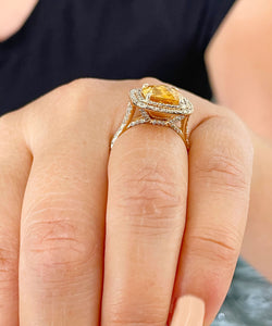 14K Solid Yellow Gold Cushion Cut Yellow Citrine and Round cut Natural Diamonds Engagement Ring Double Halo Split Shank 4.80ct