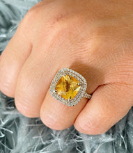 Load image into Gallery viewer, 14K Solid Yellow Gold Cushion Cut Yellow Citrine and Round cut Natural Diamonds Engagement Ring Double Halo Split Shank 4.80ct
