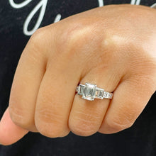 Load image into Gallery viewer, 14k Solid White Gold Emerald Cut Moissanite And Princess and Baguettes Natural Diamond Engagement Ring Three Stone Style Prong Set 2.75ct
