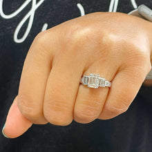 Load image into Gallery viewer, 14k Solid White Gold Emerald Cut Moissanite And Princess and Baguettes Natural Diamond Engagement Ring Three Stone Style Prong Set 2.75ct
