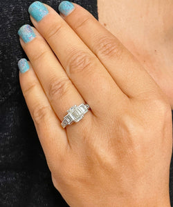 14k Solid White Gold Emerald Cut Moissanite And Princess and Baguettes Natural Diamond Engagement Ring Three Stone Style Prong Set 2.75ct