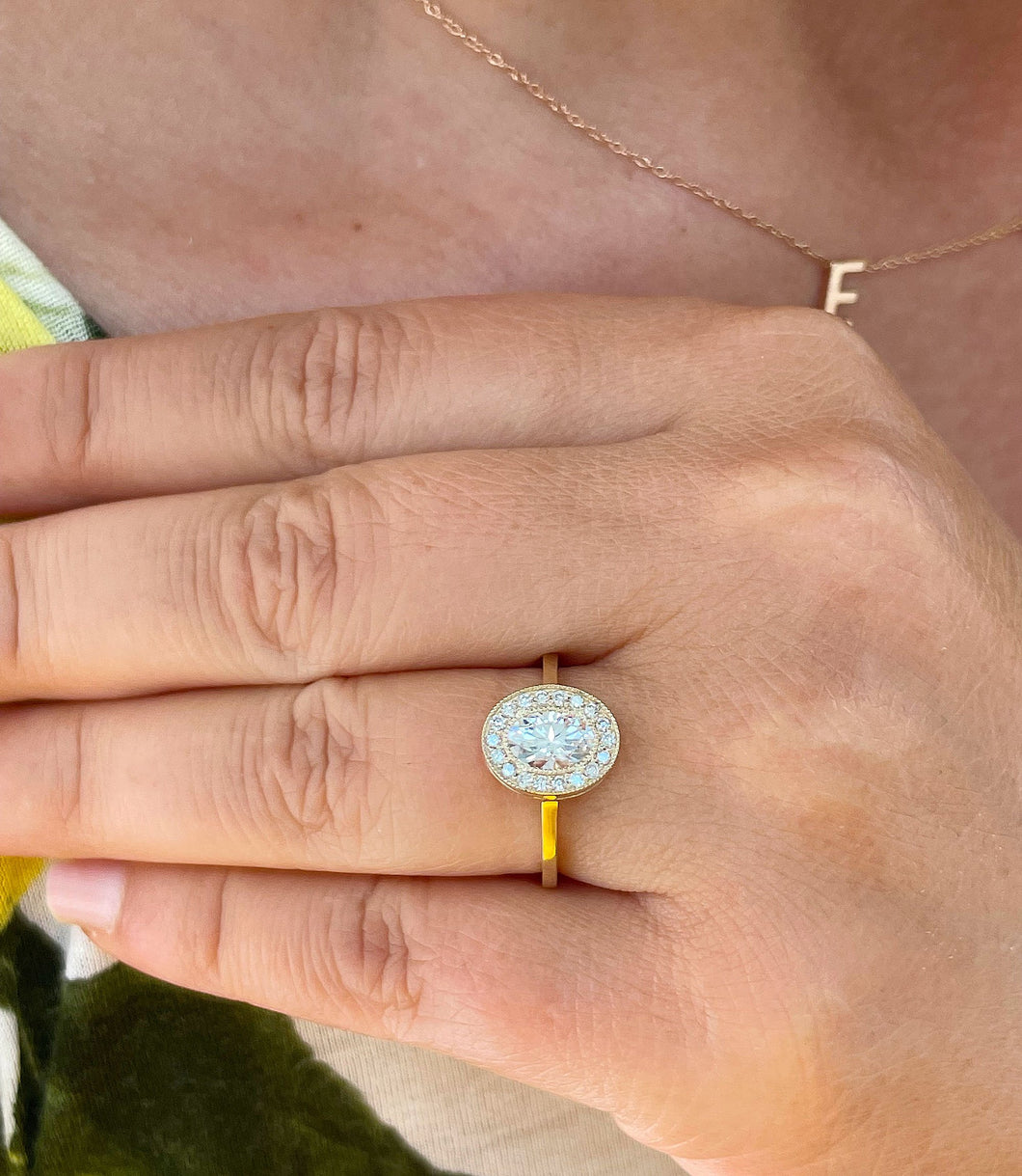 14K Yellow Gold Oval Cut Forever One Moissanite And Natural Round cut Diamond Engagement Ring Bezel Set, Halo, Bridal 1.20ct
