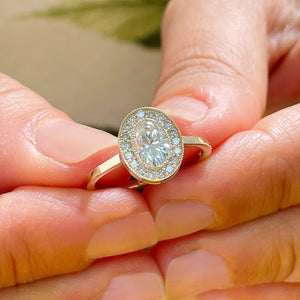 14k Solid Yellow Gold Oval and Round Cut Simulated Diamond Engagement Ring Halo Bezel Art Deco Bridal High Quality Finish 1.20ct