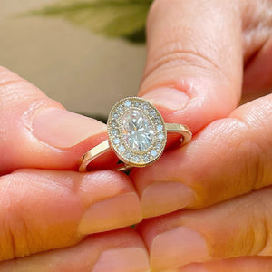 14K Yellow Gold Oval Cut Forever One Moissanite And Natural Round cut Diamond Engagement Ring Bezel Set, Halo, Bridal 1.20ct