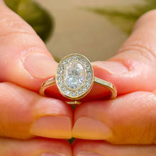Load image into Gallery viewer, 14K Yellow Gold Oval Cut Forever One Moissanite And Natural Round cut Diamond Engagement Ring Bezel Set, Halo, Bridal 1.20ct
