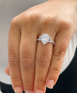14k Solid White Gold Pear Cut Moissanite and Round And Marquee Natural Diamond Engagement Ring Halo, 3.00ctw
