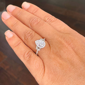 14k Solid White Gold Pear, Marquee and Round Cut Simulated Diamond Engagement Ring Deco, Bridal, Wedding, Halo, Anniversary, 3.00ctw