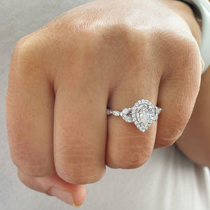 14k Solid White Gold Pear, Marquee and Round Natural Diamond Engagement Ring Halo, 2.25ctw