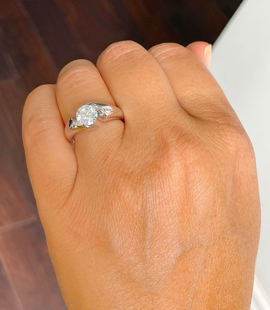 14k Solid And Heavy White Gold Round Cut Moissanite Engagement Ring Tension Set, Propose, Anniversary, Elegant Solitaire 1.00ctw