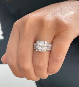 Large 14K Solid And Heavy White Gold Princess And Round Cut Simulated Diamonds Engagement Ring Prong Channel Set 3.00ct