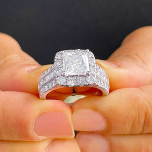 14k Solid And Heavy White Gold Princess Cut And Round Natural Diamond Engagement Ring Halo 3.00ct