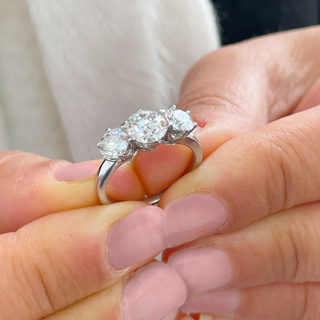 14k Solid White Gold Round Cut Moissanite Engagement Ring, Bridal, Wedding Deco Three Stone Style Prong Set 2.00ctw