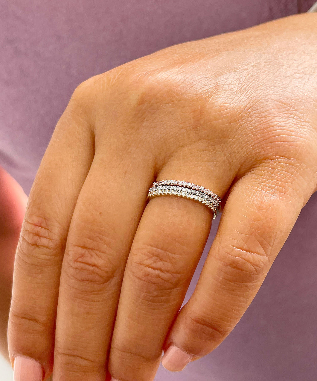 Minimalist Three Piece 14K Solid White, Yellow, And Rose Gold Round Cut Simulated Diamonds Bands 0.25ctw