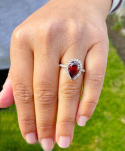 14K Solid Yellow Gold Natural Garnet Pear Shape And Round Cut Natural Diamonds Engagement Ring Halo 3.80ct