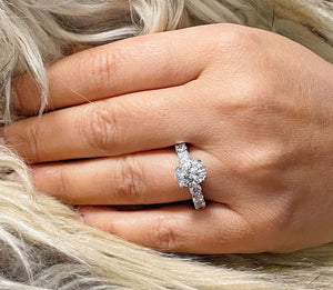 Eternity Style 14K White Gold Oval Cut Forever One Moissanite And Round Cut Engagement Ring, Bridal, Wedding, Anniversary, Propose 5.00ctw
