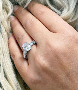 Eternity Style 14K White Gold Oval Cut Forever One Moissanite And Round Cut Engagement Ring, Bridal, Wedding, Anniversary, Propose 5.00ctw