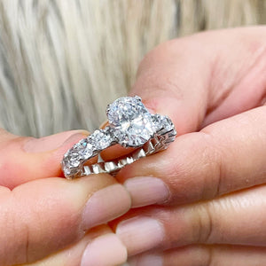 Eternity Style 14K White Gold Oval Cut Forever One Moissanite And Round Cut Engagement Ring, Bridal, Wedding, Anniversary, Propose 5.00ctw