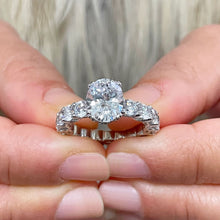 Load image into Gallery viewer, Eternity Style 14K White Gold Oval Cut Forever One Moissanite And Round Cut Engagement Ring, Bridal, Wedding, Anniversary, Propose 5.00ctw
