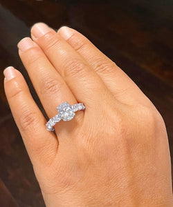 Eternity Style 14K White Gold Oval Cut Forever One Moissanite And Round Cut Engagement Ring, Bridal, Wedding, Anniversary, Propose 5.00ctw